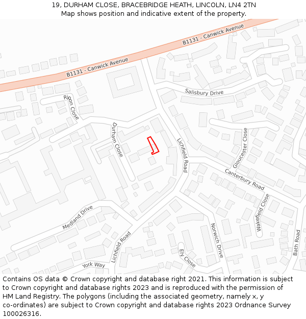 19, DURHAM CLOSE, BRACEBRIDGE HEATH, LINCOLN, LN4 2TN: Location map and indicative extent of plot