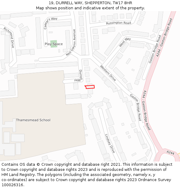 19, DURRELL WAY, SHEPPERTON, TW17 8HR: Location map and indicative extent of plot
