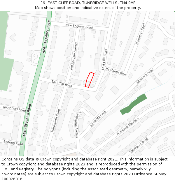 19, EAST CLIFF ROAD, TUNBRIDGE WELLS, TN4 9AE: Location map and indicative extent of plot