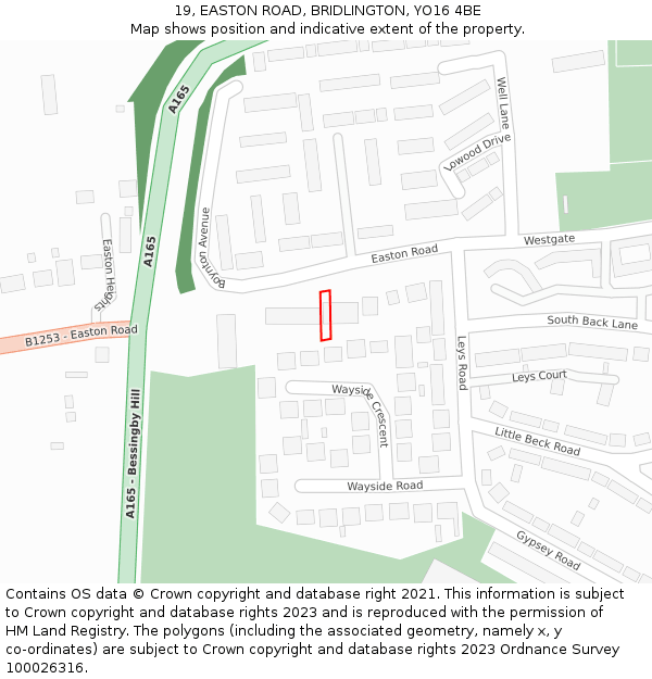 19, EASTON ROAD, BRIDLINGTON, YO16 4BE: Location map and indicative extent of plot