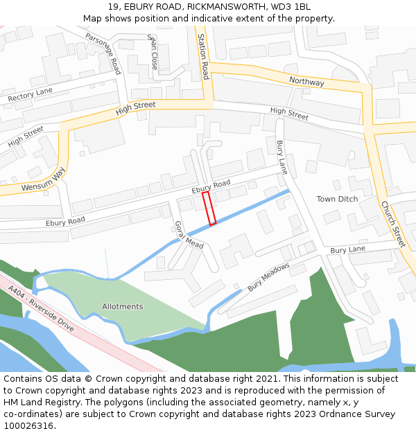 19, EBURY ROAD, RICKMANSWORTH, WD3 1BL: Location map and indicative extent of plot