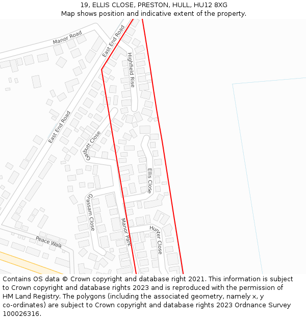 19, ELLIS CLOSE, PRESTON, HULL, HU12 8XG: Location map and indicative extent of plot