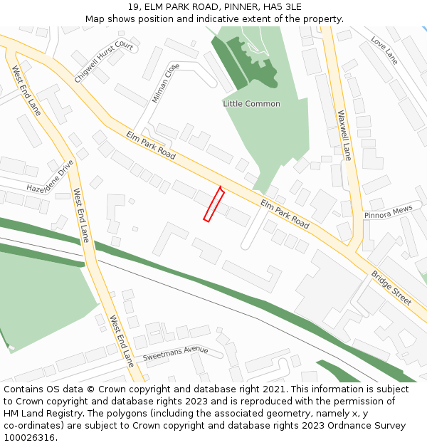 19, ELM PARK ROAD, PINNER, HA5 3LE: Location map and indicative extent of plot