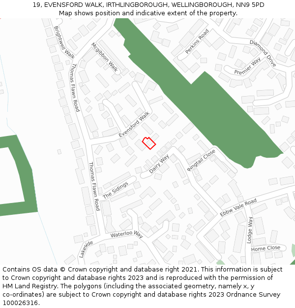 19, EVENSFORD WALK, IRTHLINGBOROUGH, WELLINGBOROUGH, NN9 5PD: Location map and indicative extent of plot