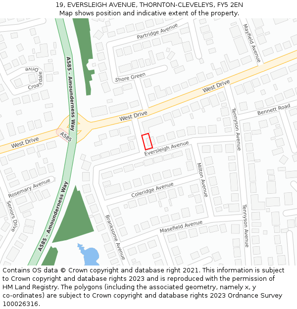 19, EVERSLEIGH AVENUE, THORNTON-CLEVELEYS, FY5 2EN: Location map and indicative extent of plot