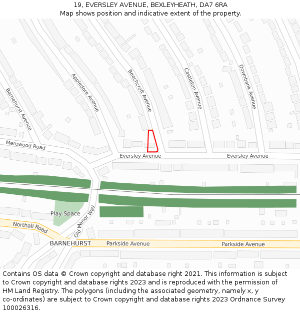 19, EVERSLEY AVENUE, BEXLEYHEATH, DA7 6RA: Location map and indicative extent of plot