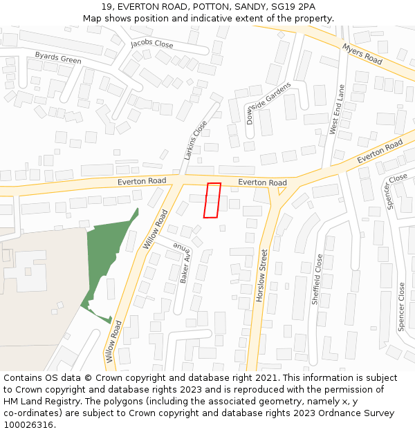 19, EVERTON ROAD, POTTON, SANDY, SG19 2PA: Location map and indicative extent of plot