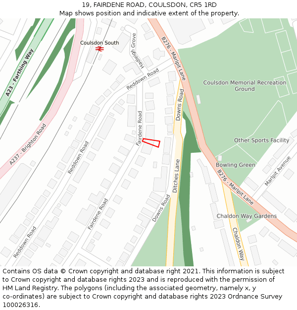 19, FAIRDENE ROAD, COULSDON, CR5 1RD: Location map and indicative extent of plot