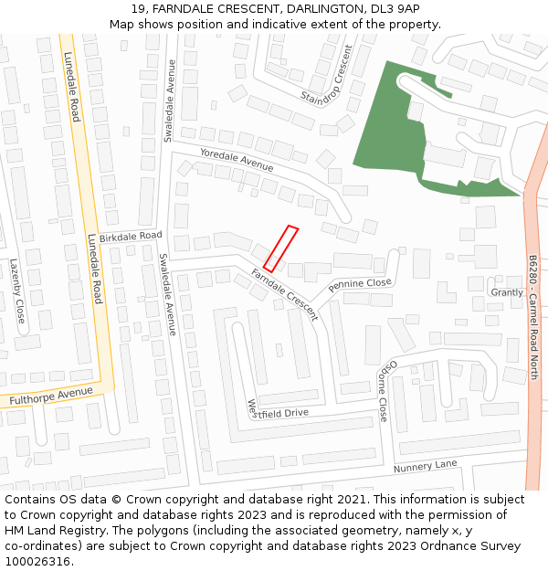 19, FARNDALE CRESCENT, DARLINGTON, DL3 9AP: Location map and indicative extent of plot