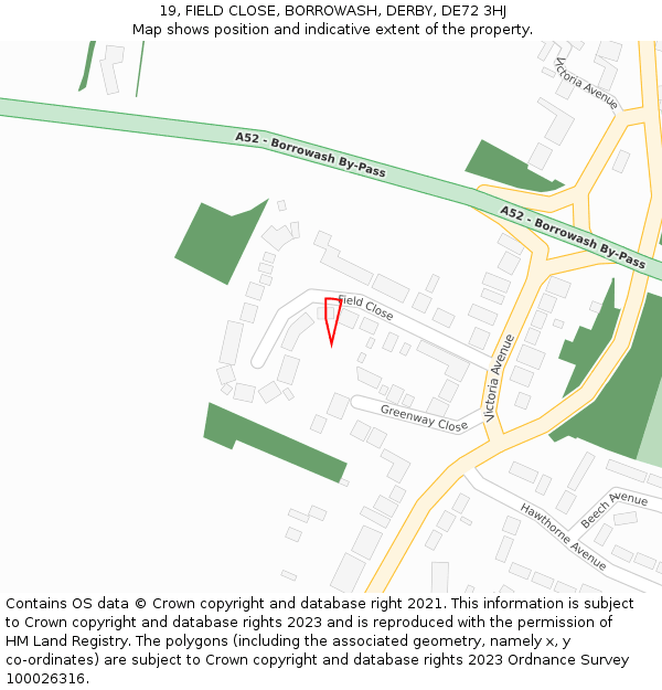 19, FIELD CLOSE, BORROWASH, DERBY, DE72 3HJ: Location map and indicative extent of plot