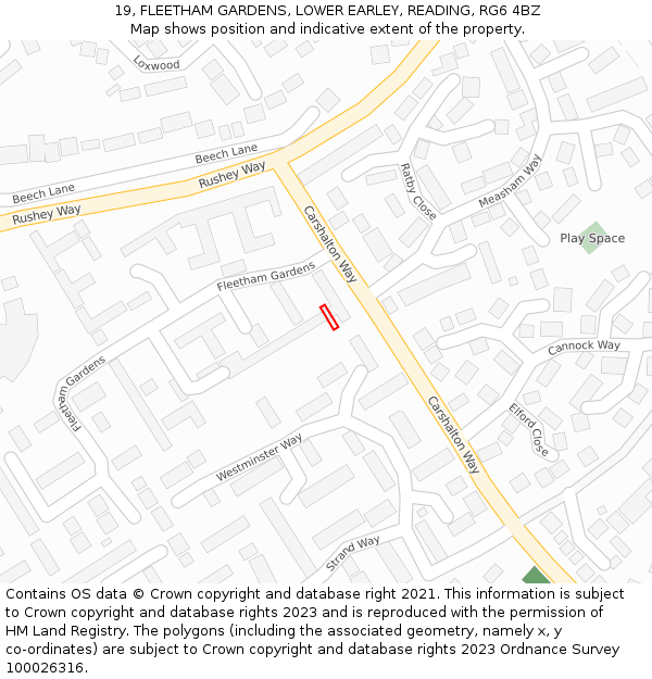 19, FLEETHAM GARDENS, LOWER EARLEY, READING, RG6 4BZ: Location map and indicative extent of plot