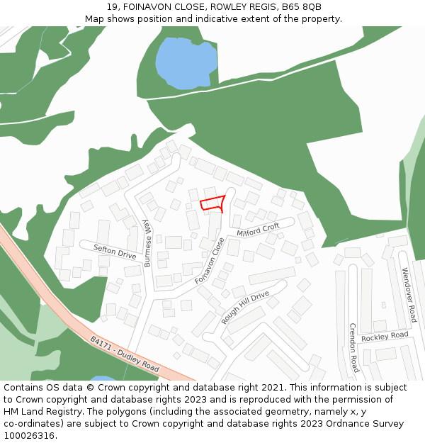 19, FOINAVON CLOSE, ROWLEY REGIS, B65 8QB: Location map and indicative extent of plot