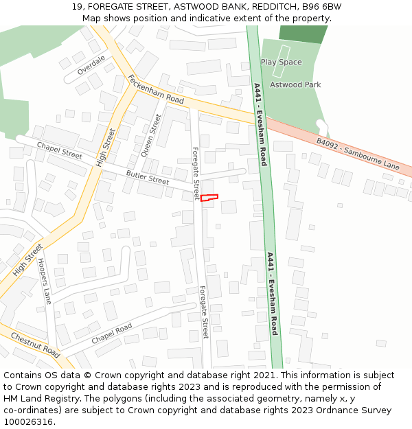 19, FOREGATE STREET, ASTWOOD BANK, REDDITCH, B96 6BW: Location map and indicative extent of plot