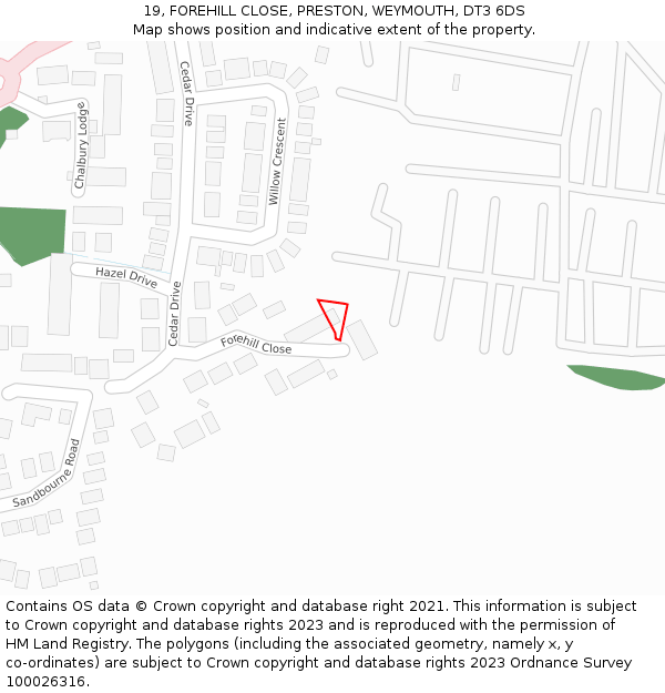 19, FOREHILL CLOSE, PRESTON, WEYMOUTH, DT3 6DS: Location map and indicative extent of plot