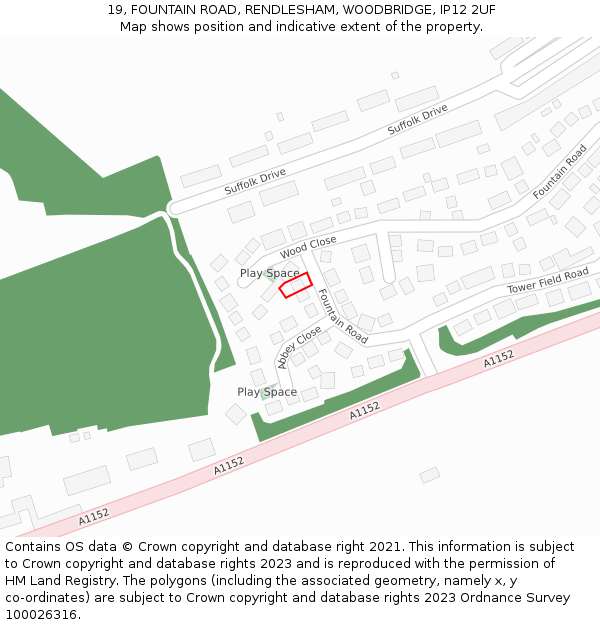 19, FOUNTAIN ROAD, RENDLESHAM, WOODBRIDGE, IP12 2UF: Location map and indicative extent of plot