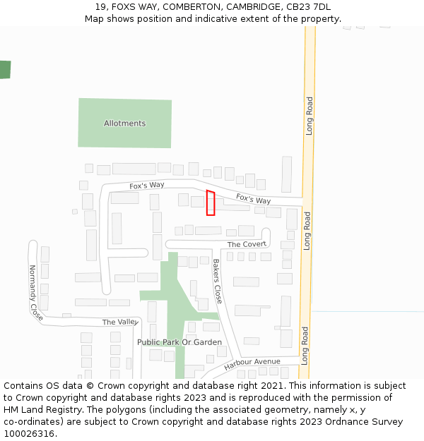 19, FOXS WAY, COMBERTON, CAMBRIDGE, CB23 7DL: Location map and indicative extent of plot