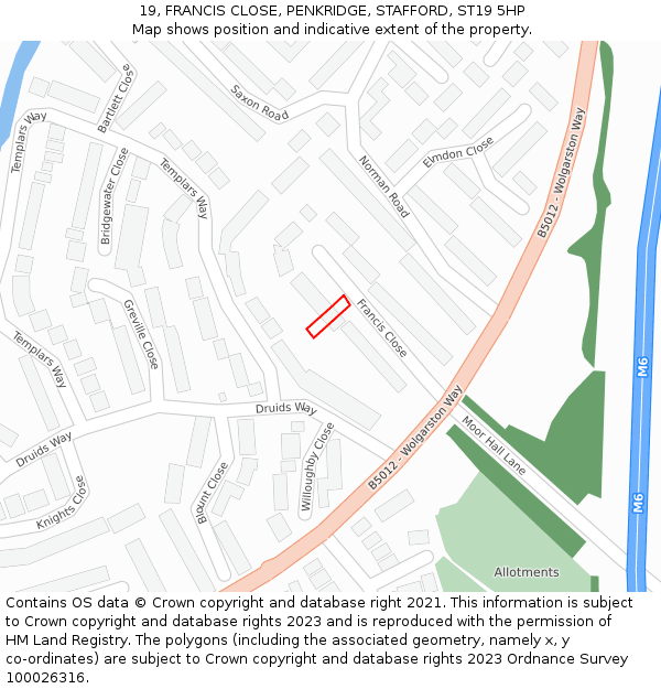19, FRANCIS CLOSE, PENKRIDGE, STAFFORD, ST19 5HP: Location map and indicative extent of plot