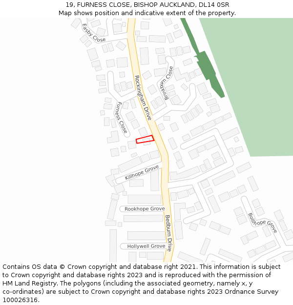 19, FURNESS CLOSE, BISHOP AUCKLAND, DL14 0SR: Location map and indicative extent of plot