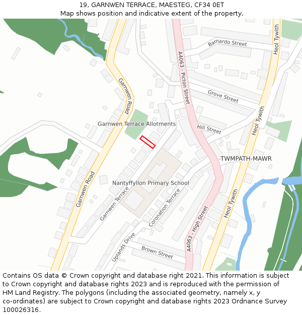 19, GARNWEN TERRACE, MAESTEG, CF34 0ET: Location map and indicative extent of plot