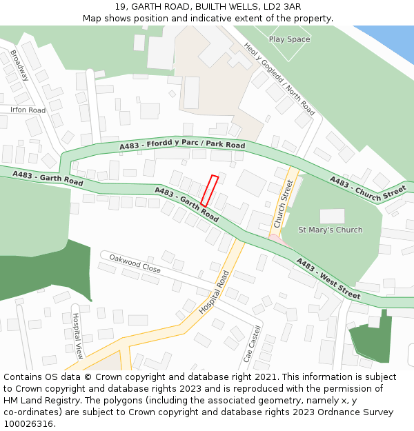 19, GARTH ROAD, BUILTH WELLS, LD2 3AR: Location map and indicative extent of plot