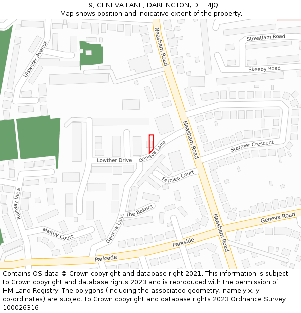 19, GENEVA LANE, DARLINGTON, DL1 4JQ: Location map and indicative extent of plot