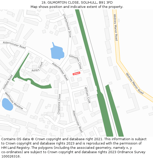 19, GILMORTON CLOSE, SOLIHULL, B91 3FD: Location map and indicative extent of plot