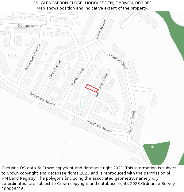 19, GLENCARRON CLOSE, HODDLESDEN, DARWEN, BB3 3RF: Location map and indicative extent of plot