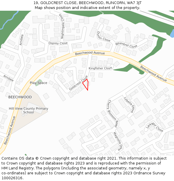 19, GOLDCREST CLOSE, BEECHWOOD, RUNCORN, WA7 3JT: Location map and indicative extent of plot