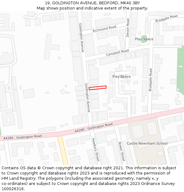 19, GOLDINGTON AVENUE, BEDFORD, MK40 3BY: Location map and indicative extent of plot