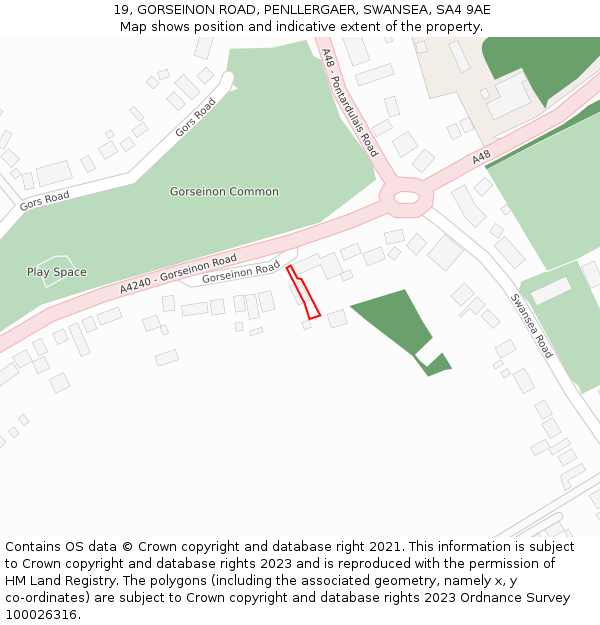 19, GORSEINON ROAD, PENLLERGAER, SWANSEA, SA4 9AE: Location map and indicative extent of plot