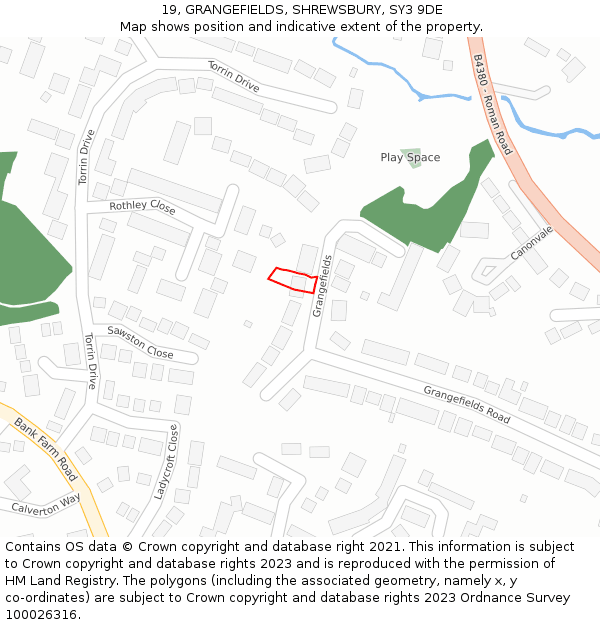 19, GRANGEFIELDS, SHREWSBURY, SY3 9DE: Location map and indicative extent of plot