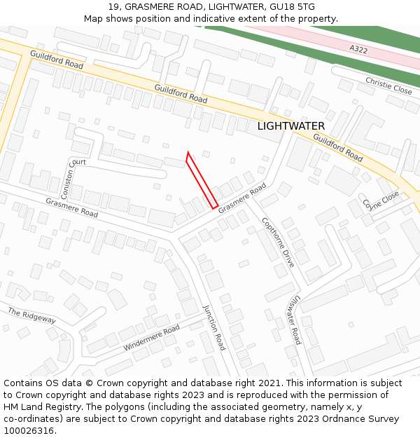 19, GRASMERE ROAD, LIGHTWATER, GU18 5TG: Location map and indicative extent of plot