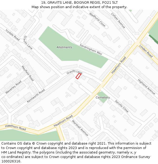 19, GRAVITS LANE, BOGNOR REGIS, PO21 5LT: Location map and indicative extent of plot