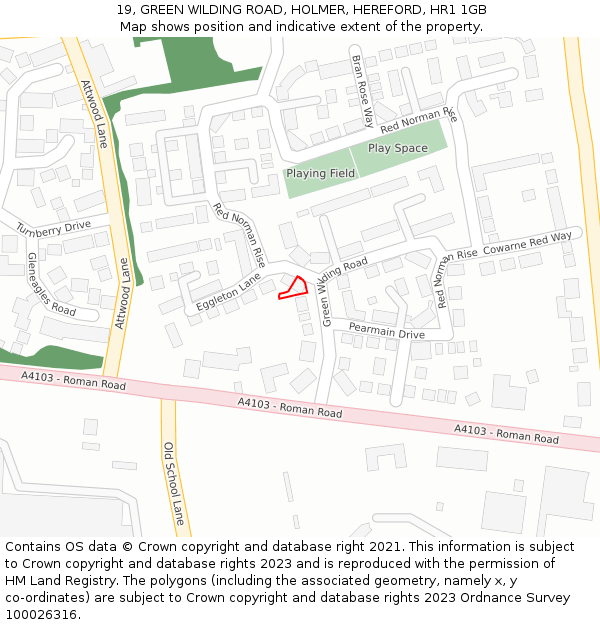 19, GREEN WILDING ROAD, HOLMER, HEREFORD, HR1 1GB: Location map and indicative extent of plot