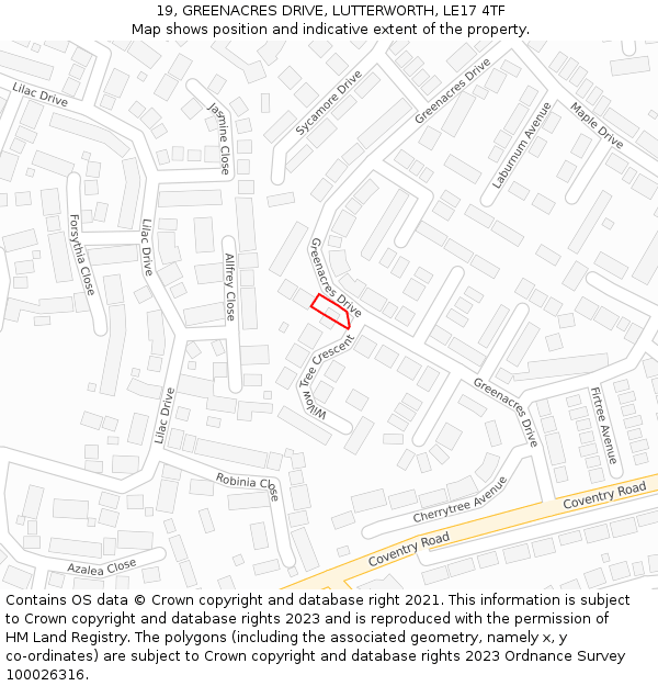 19, GREENACRES DRIVE, LUTTERWORTH, LE17 4TF: Location map and indicative extent of plot