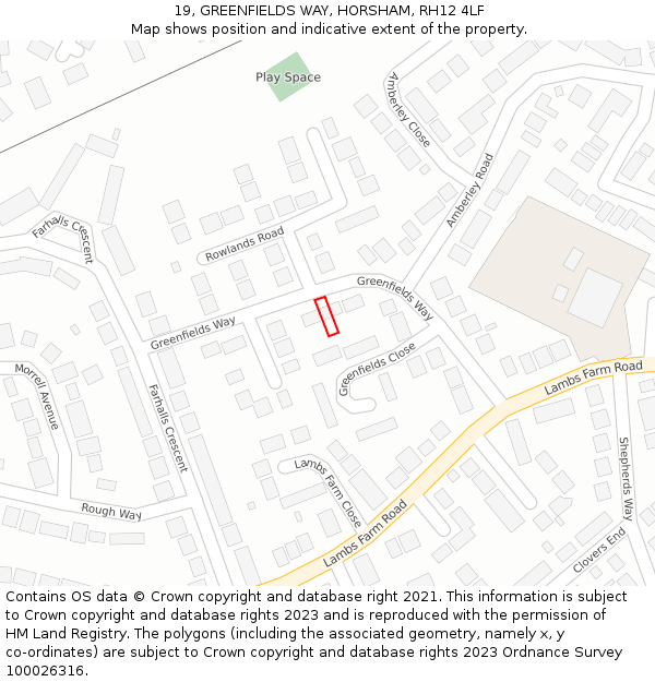 19, GREENFIELDS WAY, HORSHAM, RH12 4LF: Location map and indicative extent of plot