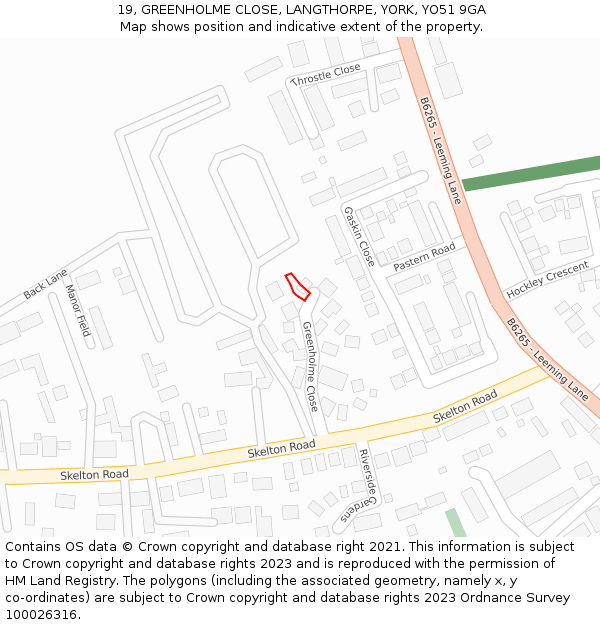 19, GREENHOLME CLOSE, LANGTHORPE, YORK, YO51 9GA: Location map and indicative extent of plot