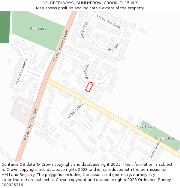 19, GREENWAYS, SUNNYBROW, CROOK, DL15 0LX: Location map and indicative extent of plot
