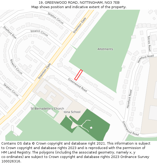 19, GREENWOOD ROAD, NOTTINGHAM, NG3 7EB: Location map and indicative extent of plot