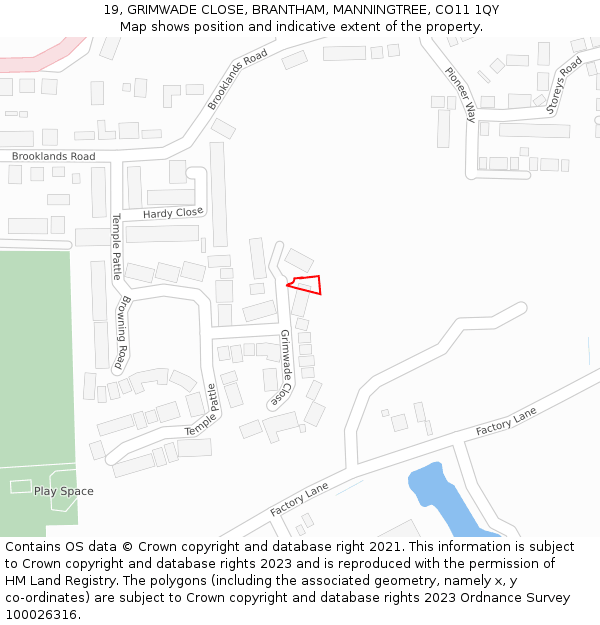 19, GRIMWADE CLOSE, BRANTHAM, MANNINGTREE, CO11 1QY: Location map and indicative extent of plot