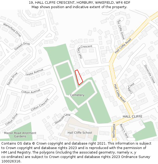 19, HALL CLIFFE CRESCENT, HORBURY, WAKEFIELD, WF4 6DF: Location map and indicative extent of plot