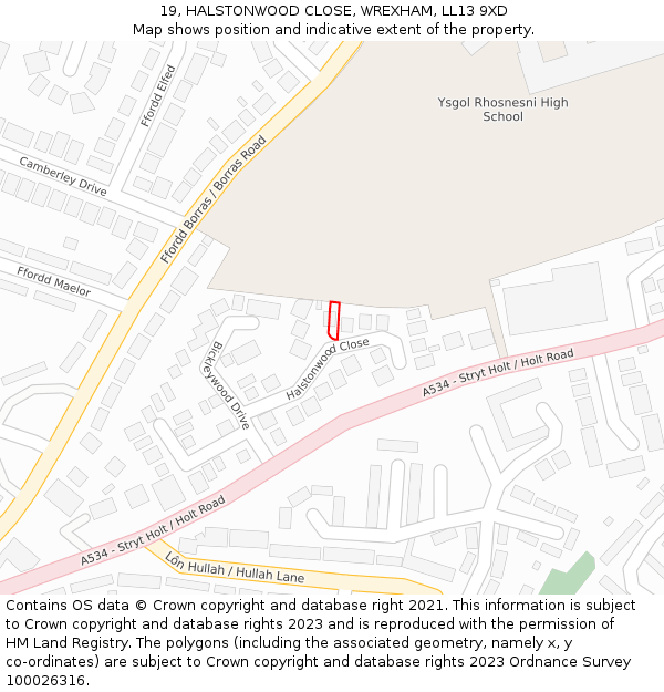 19, HALSTONWOOD CLOSE, WREXHAM, LL13 9XD: Location map and indicative extent of plot