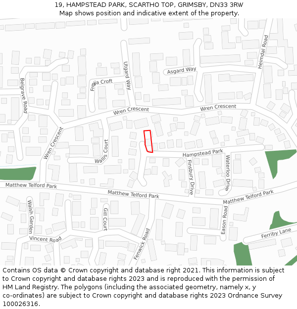 19, HAMPSTEAD PARK, SCARTHO TOP, GRIMSBY, DN33 3RW: Location map and indicative extent of plot