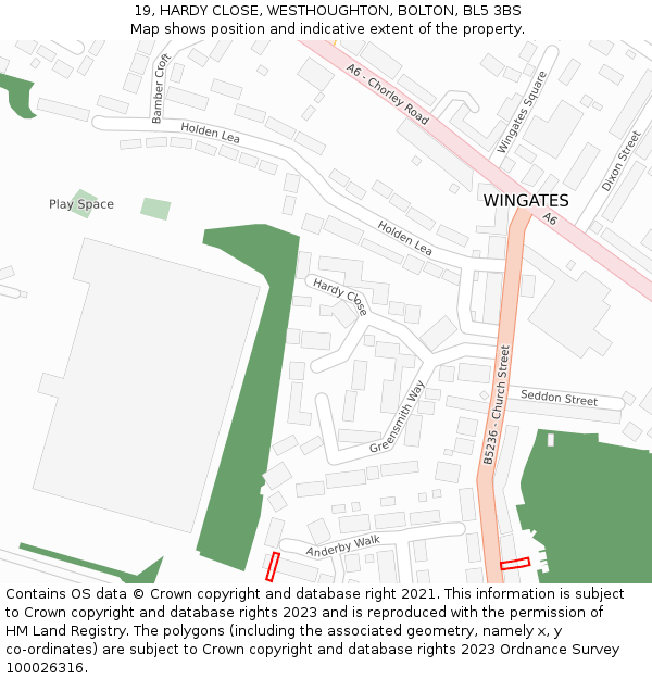 19, HARDY CLOSE, WESTHOUGHTON, BOLTON, BL5 3BS: Location map and indicative extent of plot