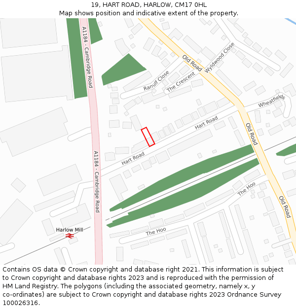 19, HART ROAD, HARLOW, CM17 0HL: Location map and indicative extent of plot