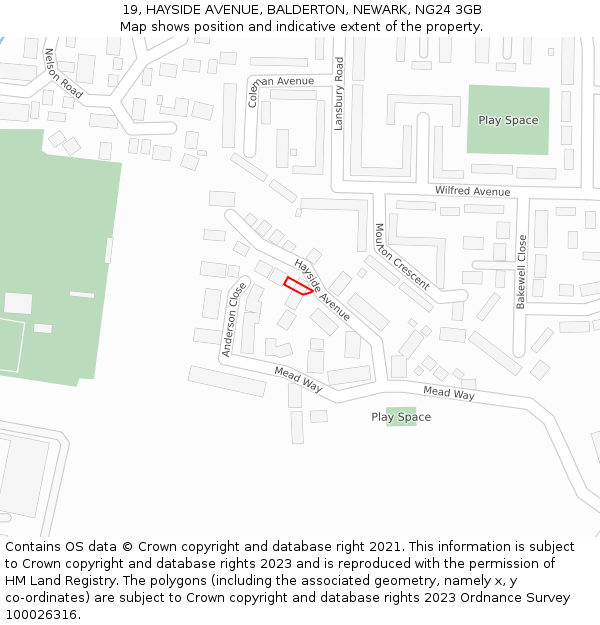 19, HAYSIDE AVENUE, BALDERTON, NEWARK, NG24 3GB: Location map and indicative extent of plot