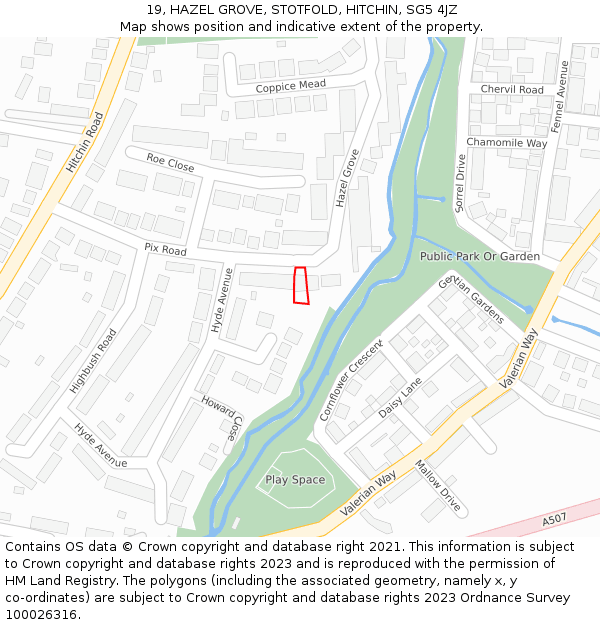 19, HAZEL GROVE, STOTFOLD, HITCHIN, SG5 4JZ: Location map and indicative extent of plot