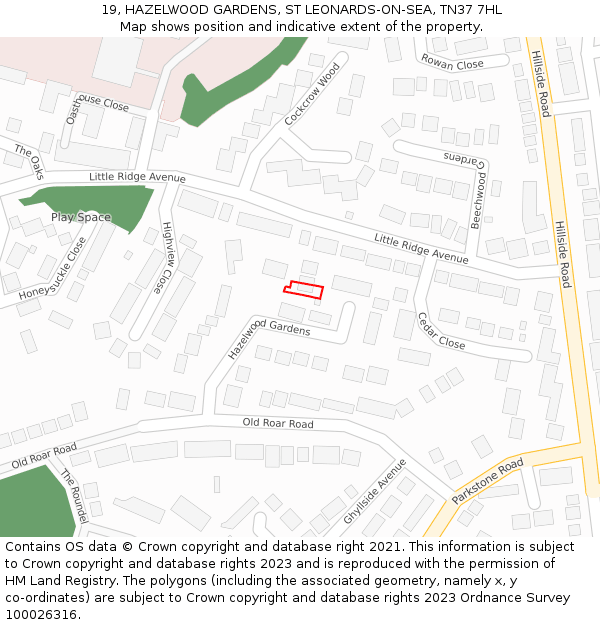 19, HAZELWOOD GARDENS, ST LEONARDS-ON-SEA, TN37 7HL: Location map and indicative extent of plot