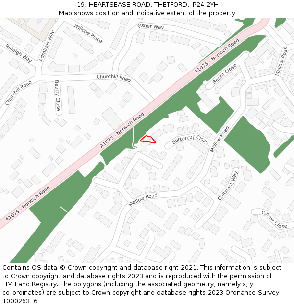 19, HEARTSEASE ROAD, THETFORD, IP24 2YH: Location map and indicative extent of plot