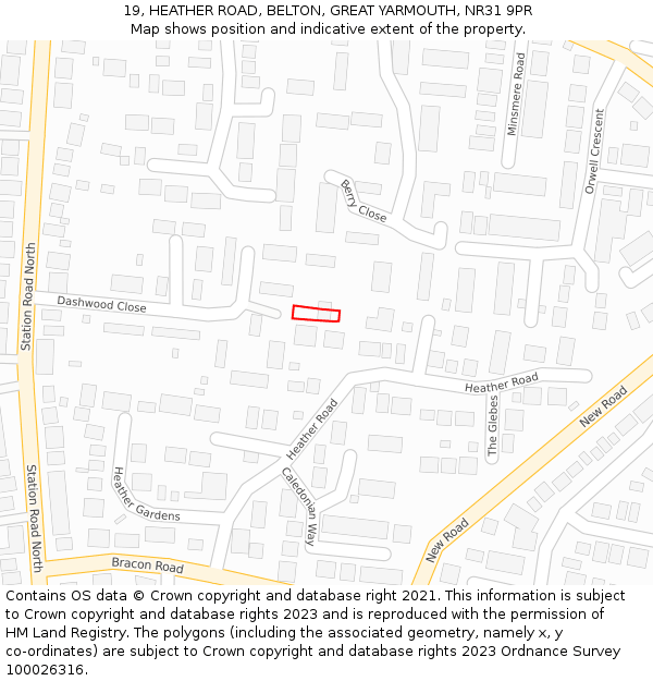 19, HEATHER ROAD, BELTON, GREAT YARMOUTH, NR31 9PR: Location map and indicative extent of plot